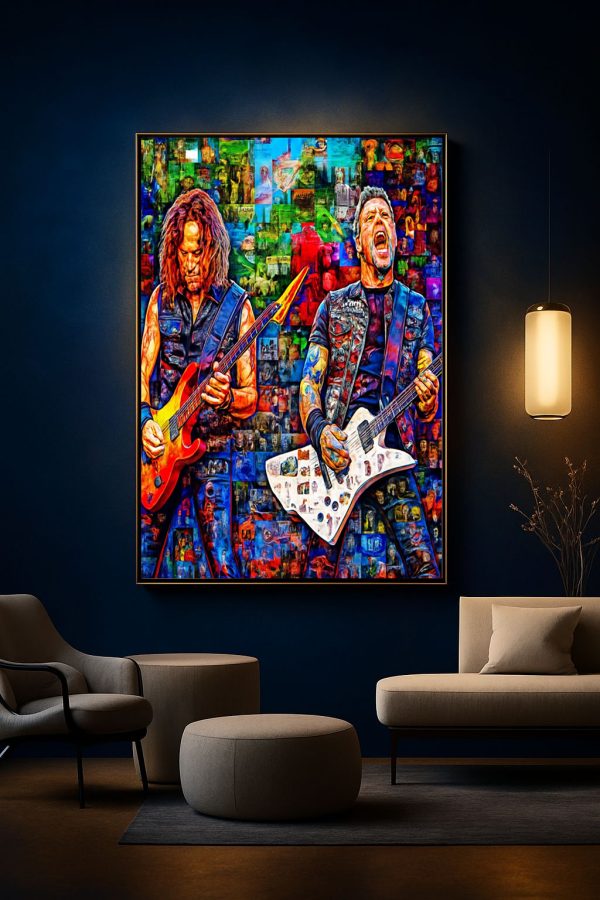 Metallical Collage Artwork: Legendary Guitarists & Album Covers Poster (1960s-1980s)