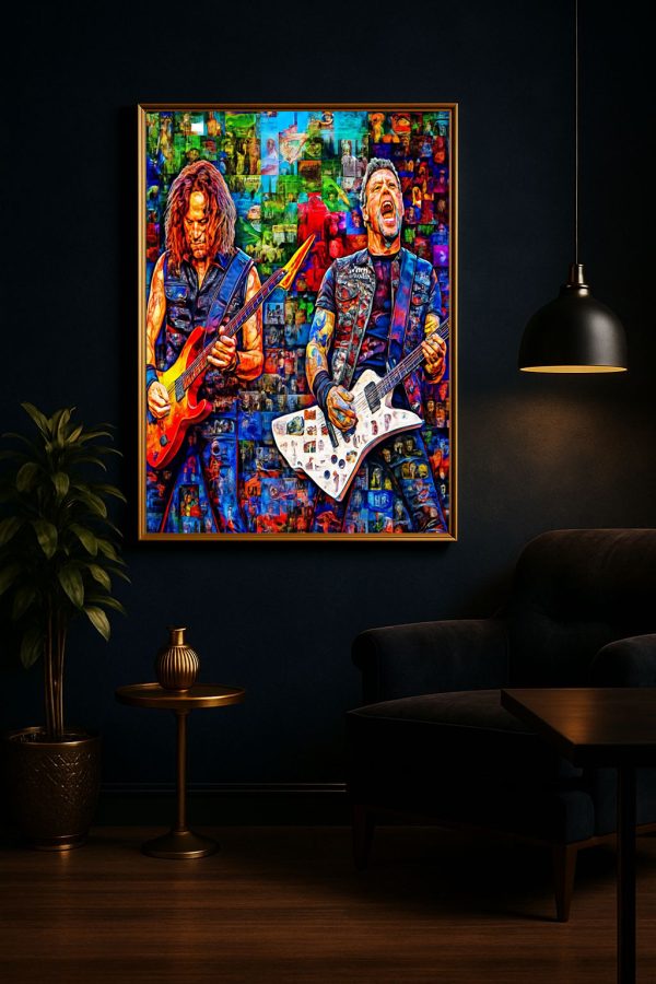 Metallical Collage Artwork: Legendary Guitarists & Album Covers Poster (1960s-1980s)