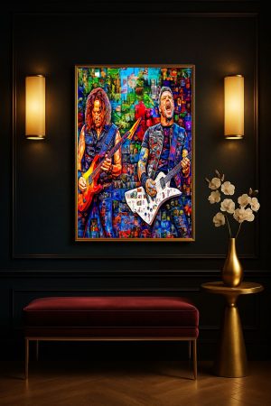 Metallical Collage Artwork: Legendary Guitarists & Album Covers Poster (1960s-1980s)