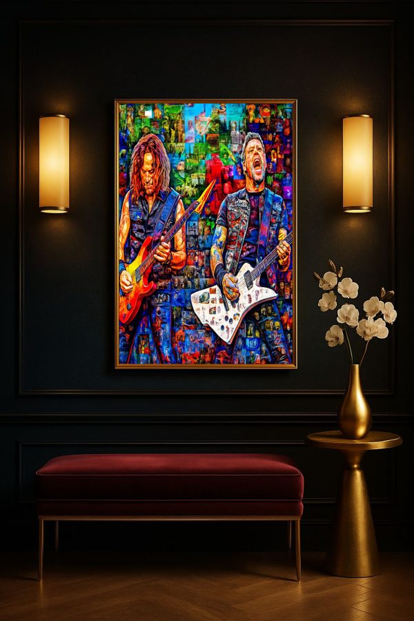 Metallical Collage Artwork: Legendary Guitarists & Album Covers Poster (1960s-1980s)