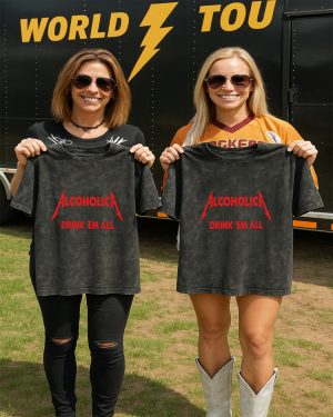 Alcoholica Drink Em All Acid Washed T Shirt Funny Metal Band Parody Tee 2 - Metbrick.com