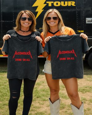 Alcoholica “Drink Em All” Metallica Shirt – Acid Washed Funny Parody Tee
