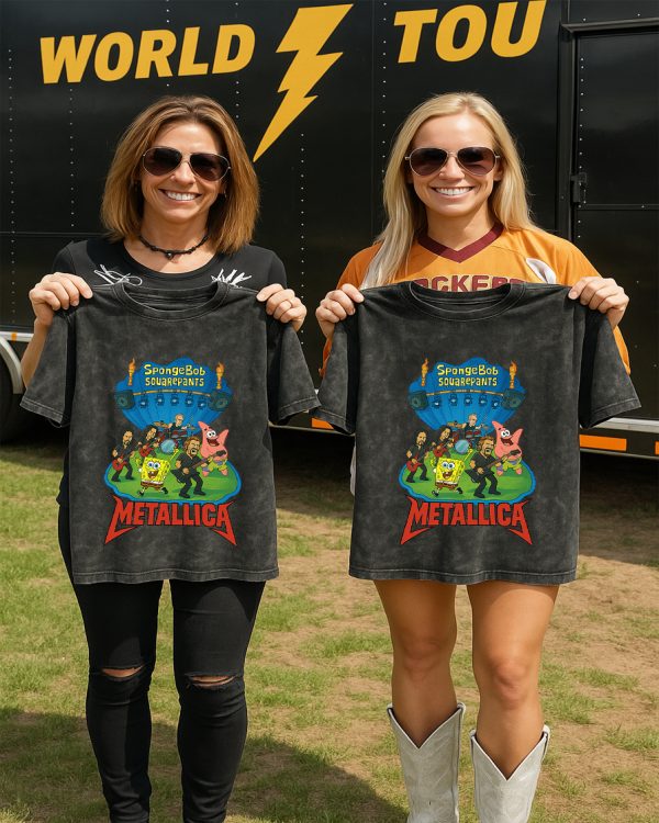 Funny Rock Mashup Shirt Spongebob And Metallica Acid Washed Concert Tee