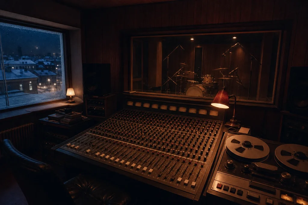 1980s analog recording studio with mixing console and tape machine overlooking a snowy Copenhagen street at night