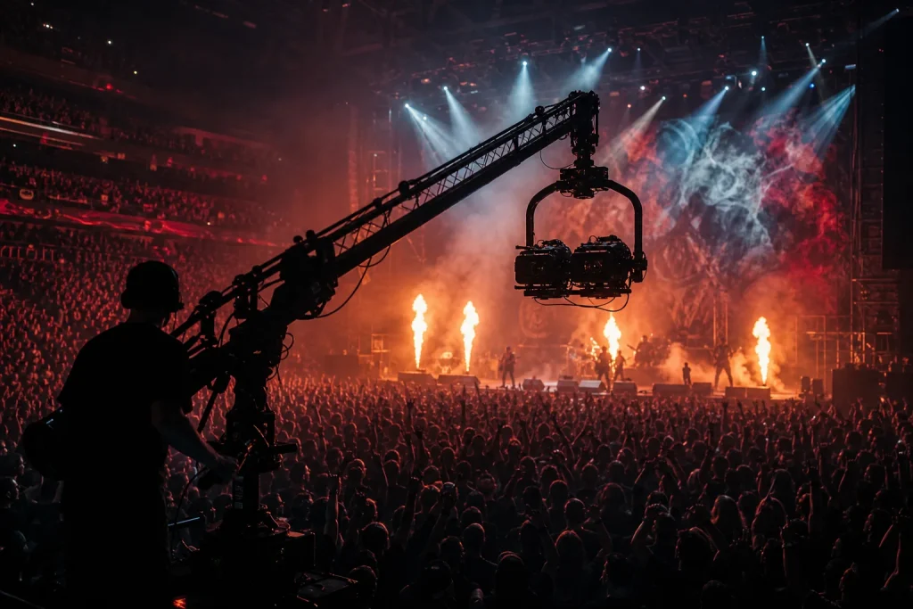 3D stereoscopic camera rig on a crane arm filming over a cheering arena crowd during a metal concert