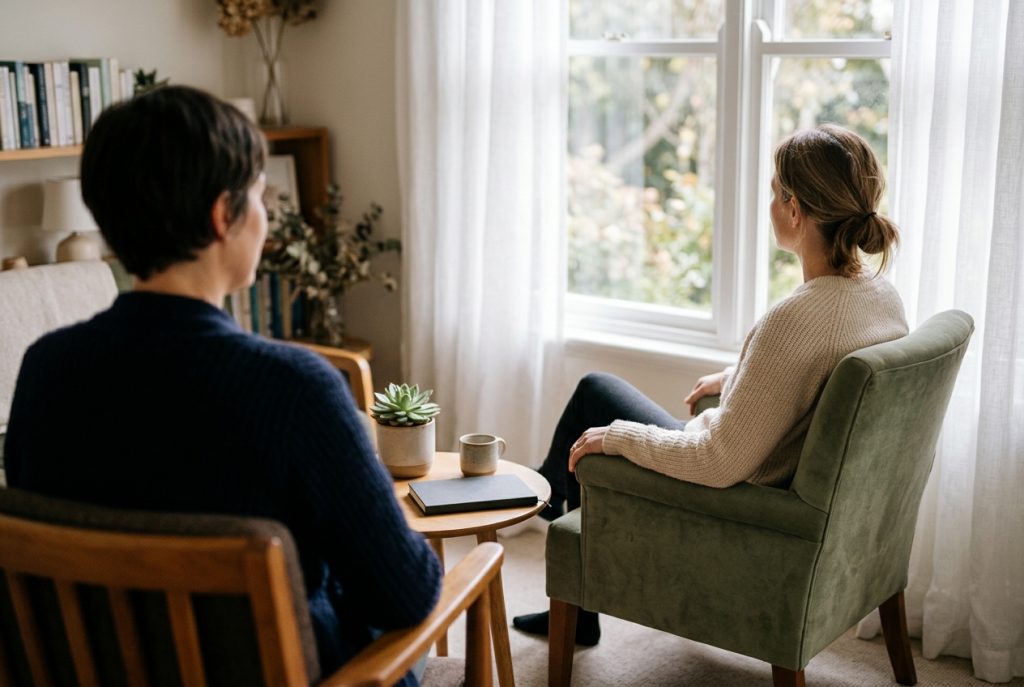 Adult client in an armchair talking with a therapist during a CBT-I session for chronic insomnia