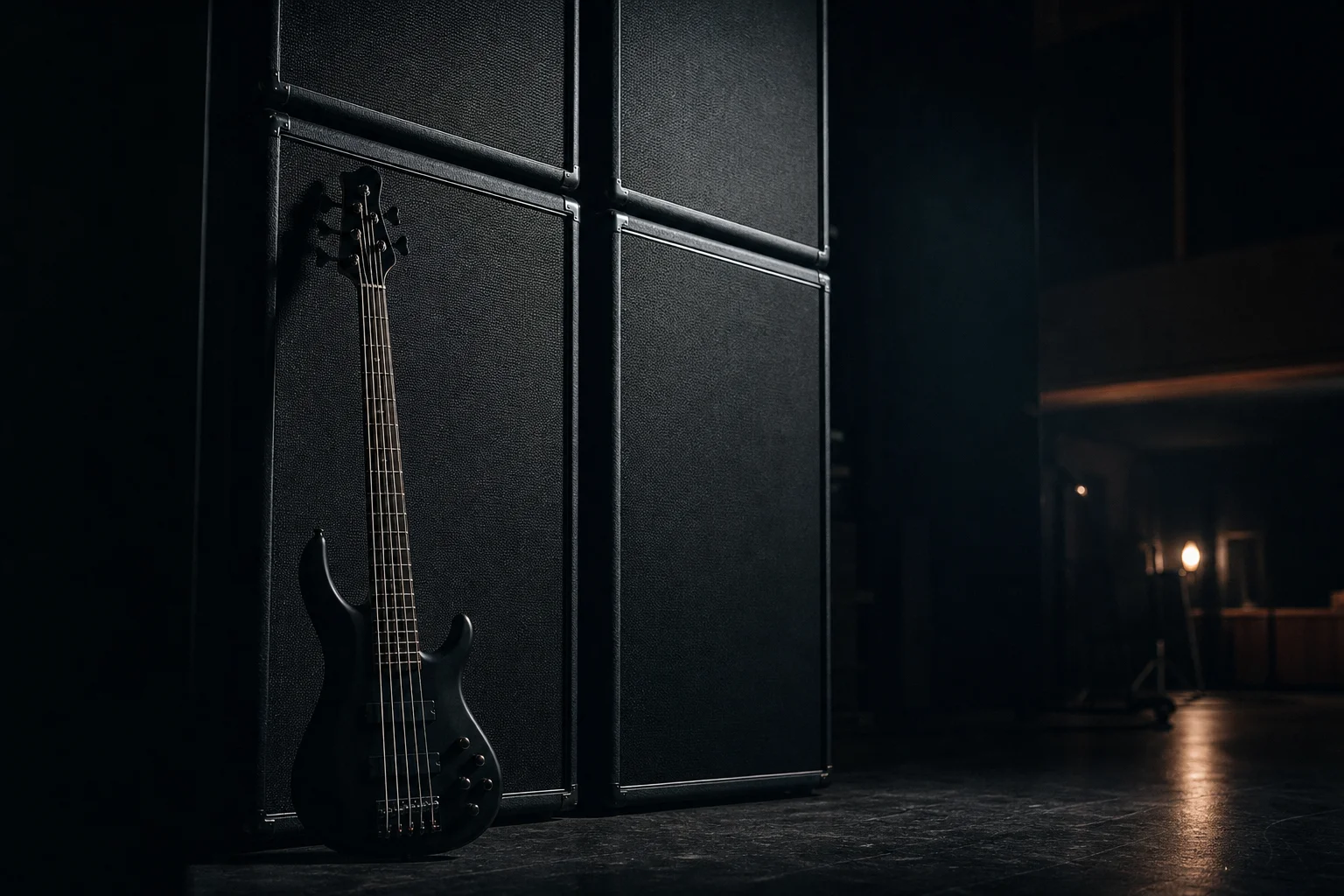 And Justice for All bass concept: electric bass half hidden in shadow beside towering guitar amplifier stacks