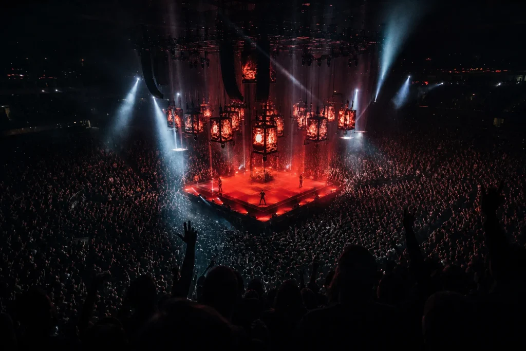 Arena concert in the round with central red-lit stage, surrounding crowd and floating light cubes overhead
