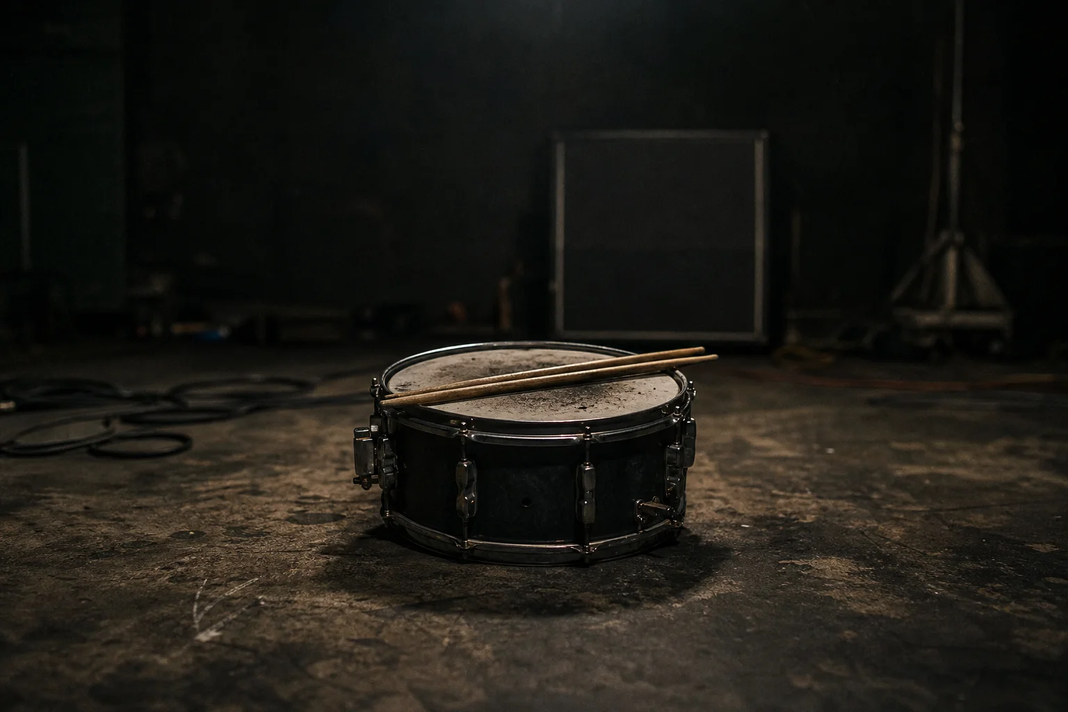 Battered snare drum under a spotlight in an empty rehearsal room, evoking the raw sound of Metallica St. Anger