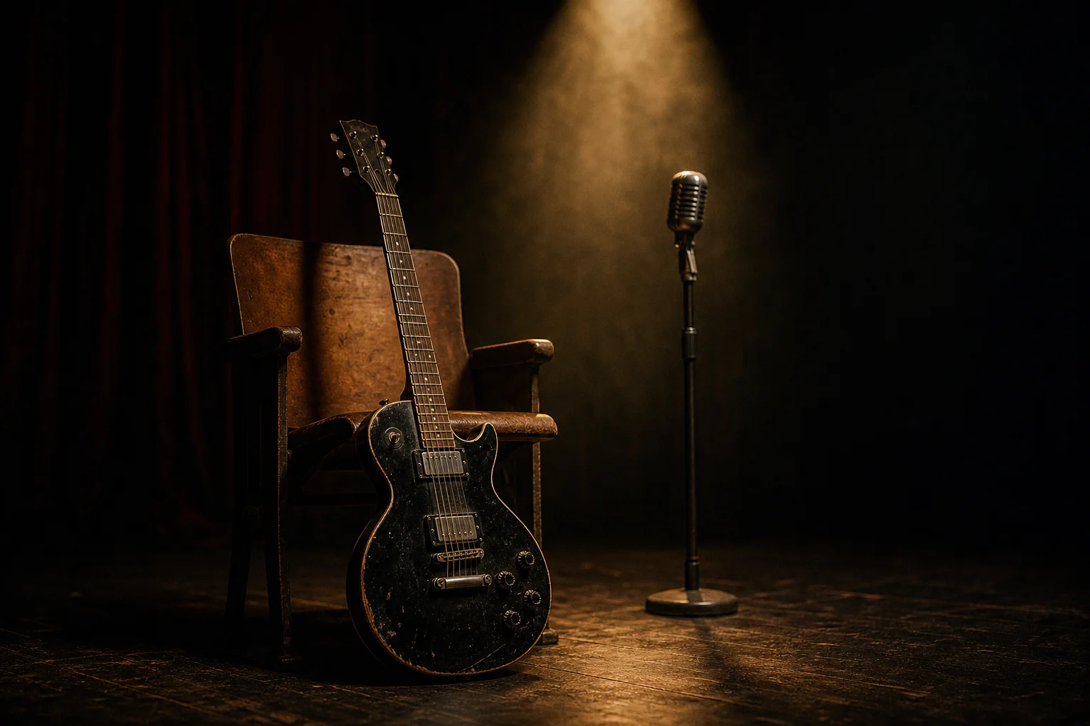 Black electric guitar and vintage microphone under a lone spotlight, evoking the Metallica Lulu album with Lou Reed