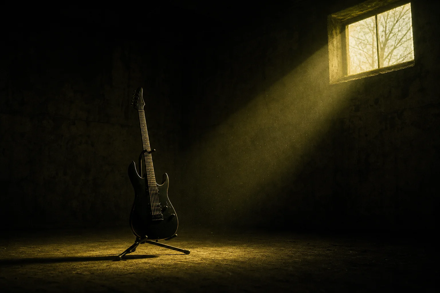 Black electric guitar in a dark room lit by yellow window light, evoking Metallica 72 Seasons themes of time and growing up