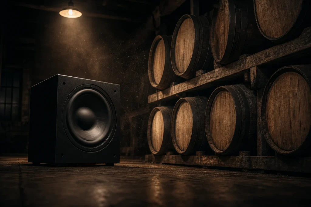 Black subwoofer speaker sending vibrations toward oak whiskey barrels in a dim warehouse