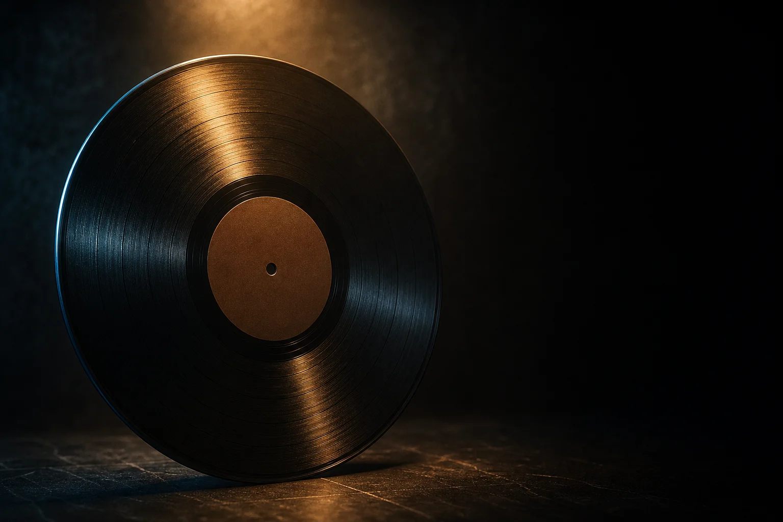 Black vinyl record under an amber spotlight evoking The Metallica Blacklist tribute to the Black Album