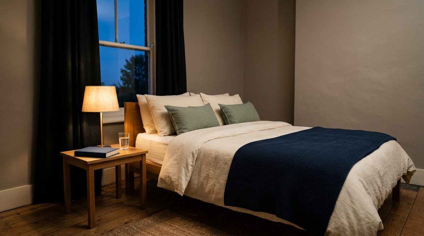 Calm dark bedroom with a made bed and warm bedside lamp illustrating good sleep hygiene