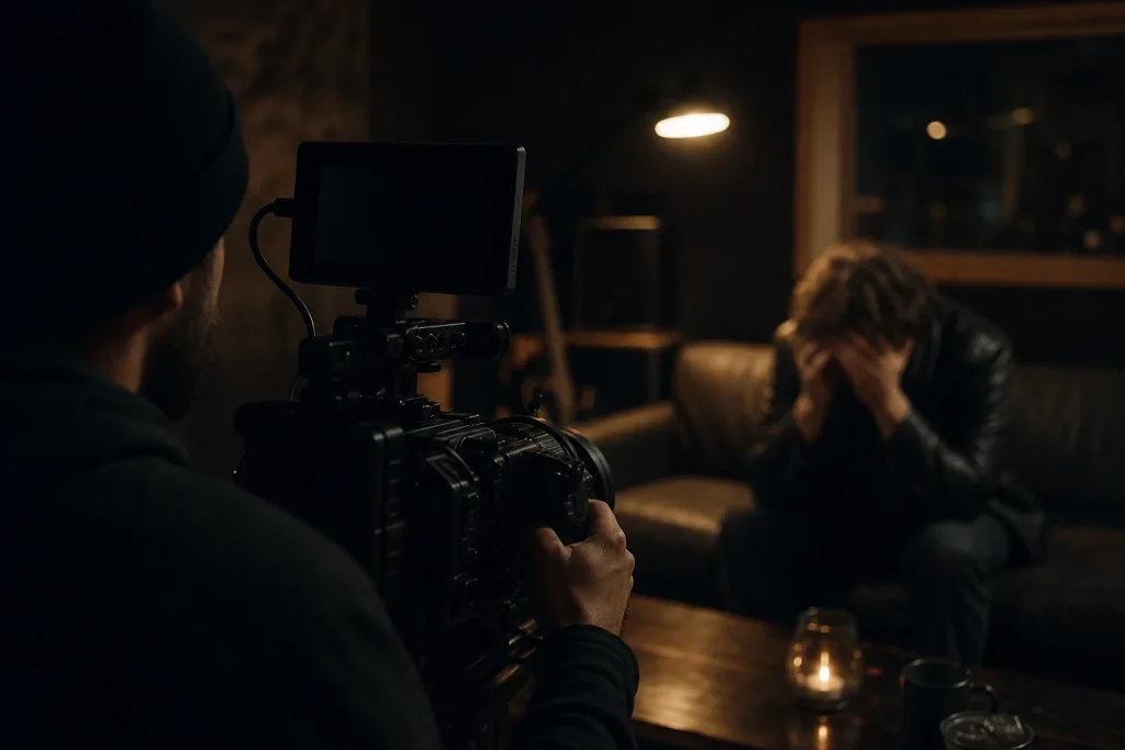 Camera operator filming a weary musician with head in hands on a studio couch, fly-on-the-wall documentary style