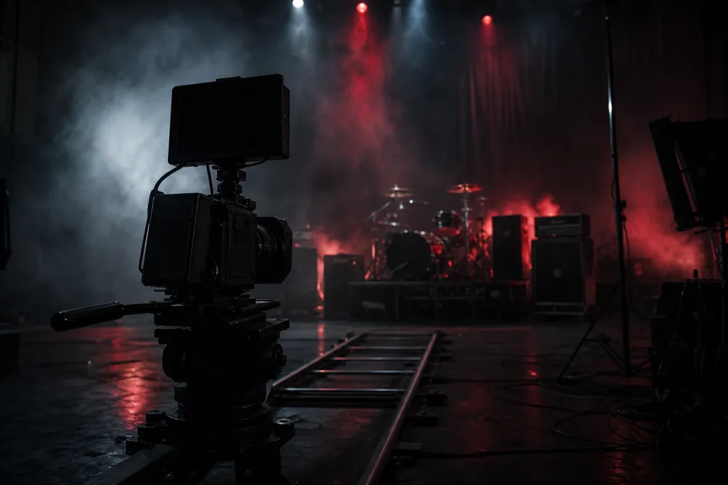 Cinema camera on dolly track filming a smoky stage with drum kit during a metal music video shoot