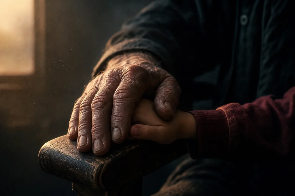 Close-up of an old man's hand resting on a child's hand at dusk, reflecting the themes of Junior Dad