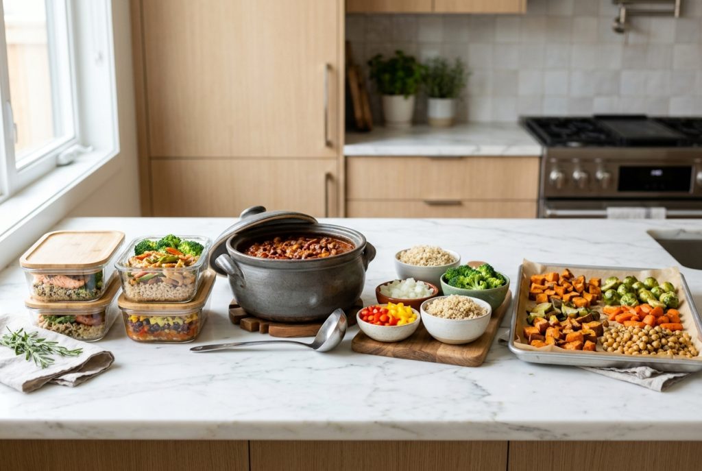 Comparison of meal prep styles: portioned meals, a pot of chili, chopped vegetables and roasted components on a counter