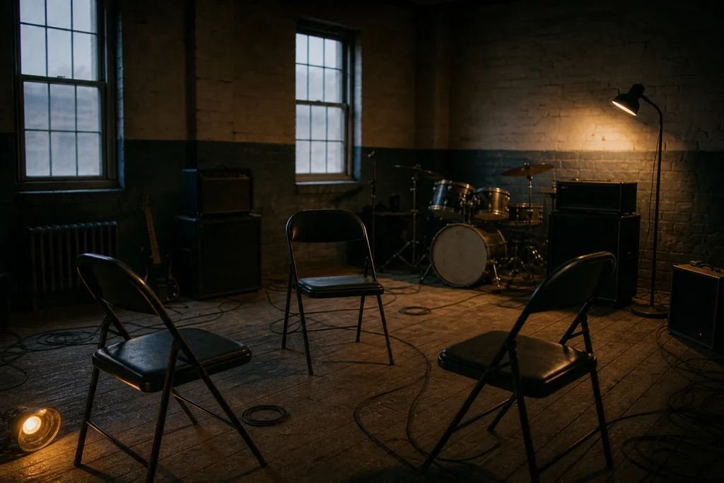 Converted military barracks used as a rehearsal room with amps, drum kit and a circle of empty chairs