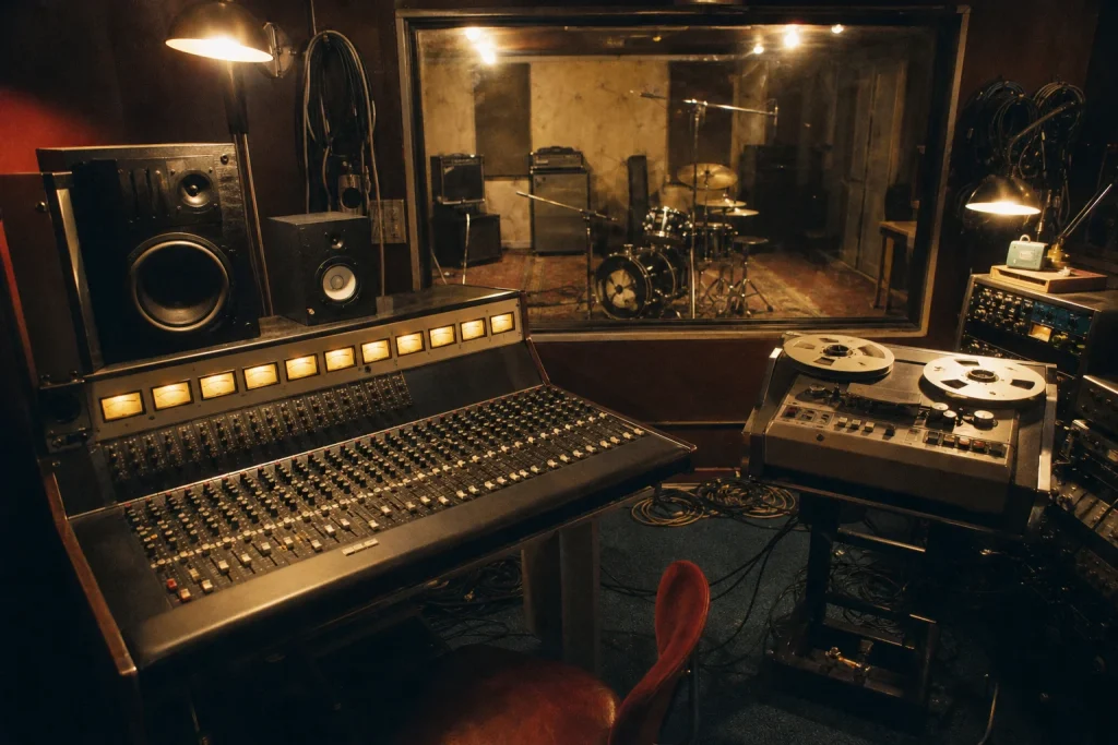 Cramped 1980s recording studio with analog mixing console, reel-to-reel tape machine and drum kit behind glass