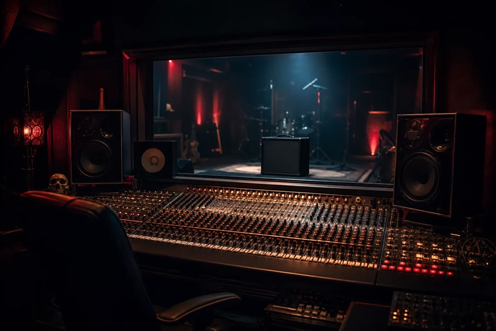 Dark recording studio control room with analog mixing console and producer's chair facing the live room