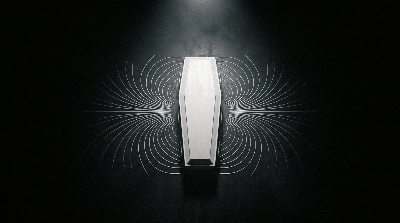 Death Magnetic album inspired overhead view of a white coffin inside radiating silver magnetic field lines