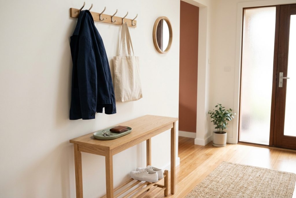 Decluttered entryway with wall hooks, one coat, and a small ceramic tray for keys and wallet on a console