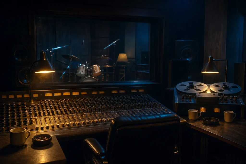 Dimly lit 1980s analog recording studio with mixing console and reel-to-reel tape machine late at night