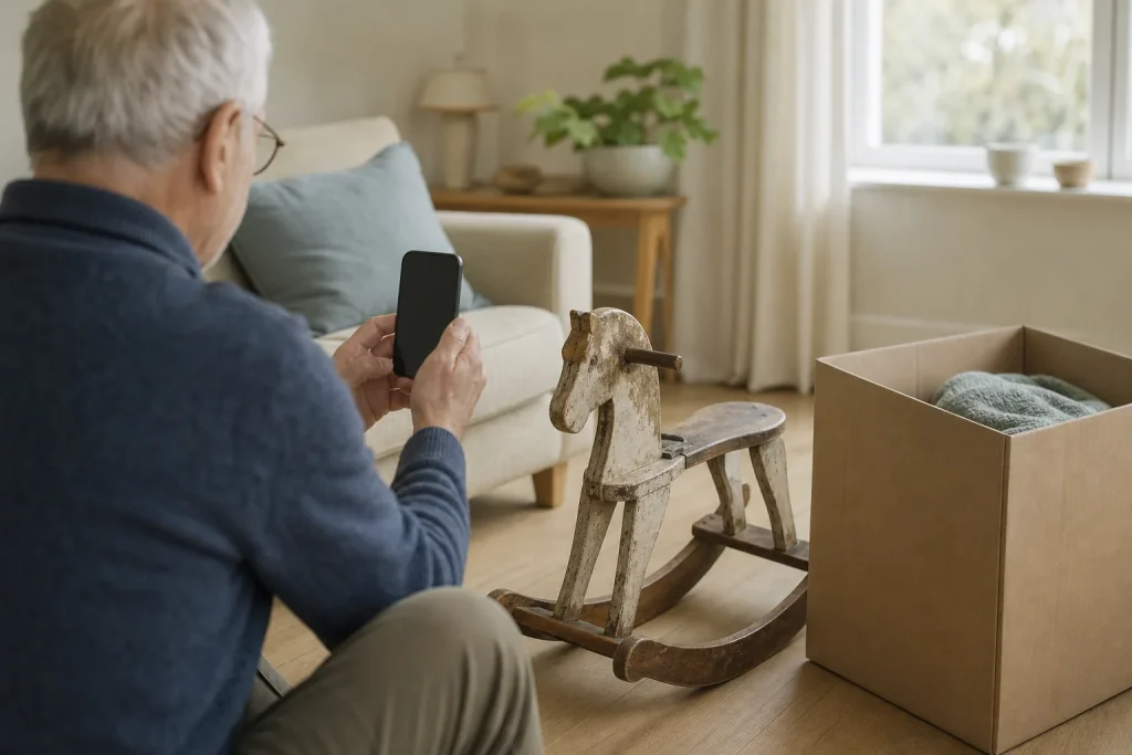 Elderly man photographing an old wooden rocking horse with a phone before donating it