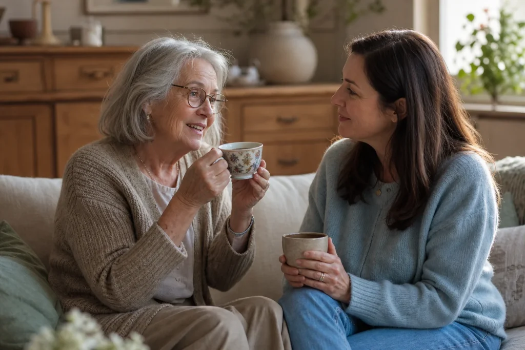 Elderly mother showing an antique teacup to her adult daughter while sharing its story on a sofa