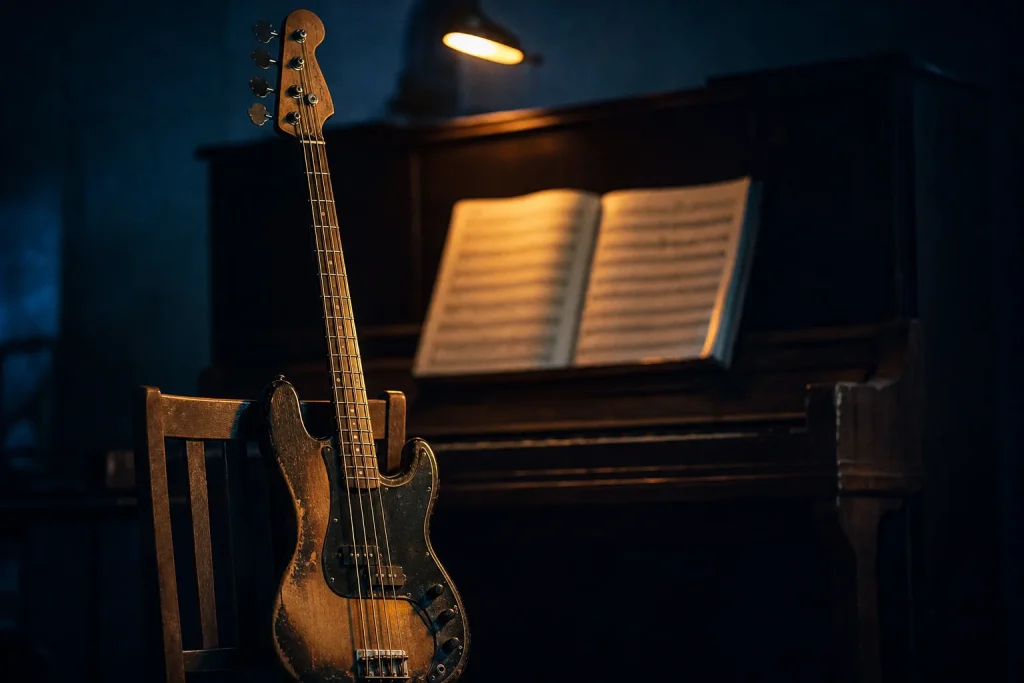Electric bass guitar resting beside an upright piano with blurred classical music scores in warm lamplight