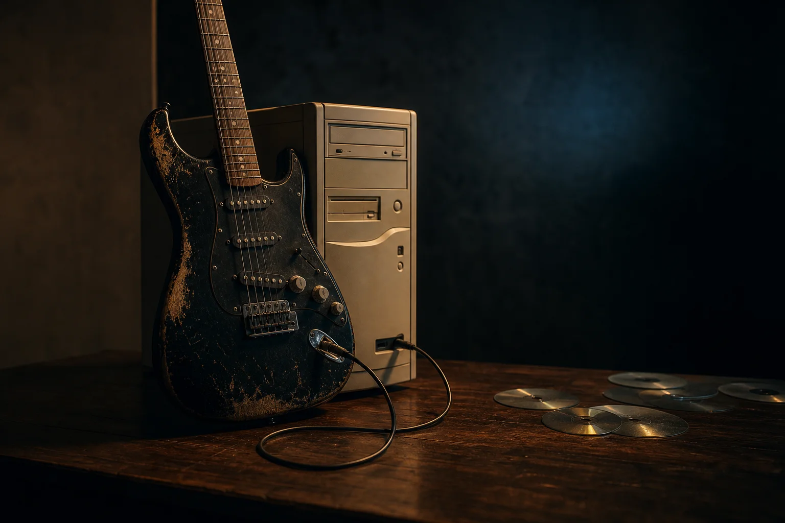 Electric guitar cabled to a 1990s computer, symbolizing the Metallica Napster lawsuit over music file sharing