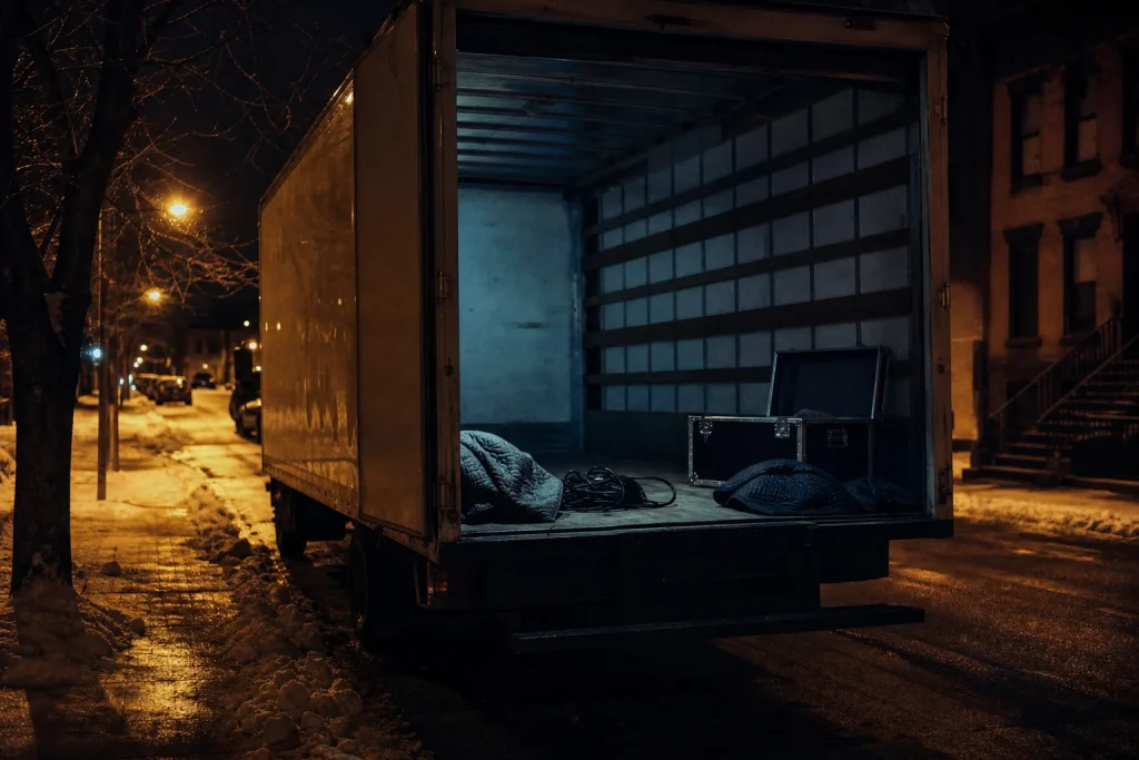 Empty truck with open doors on a snowy night street, only an open road case and cable left after a gear theft