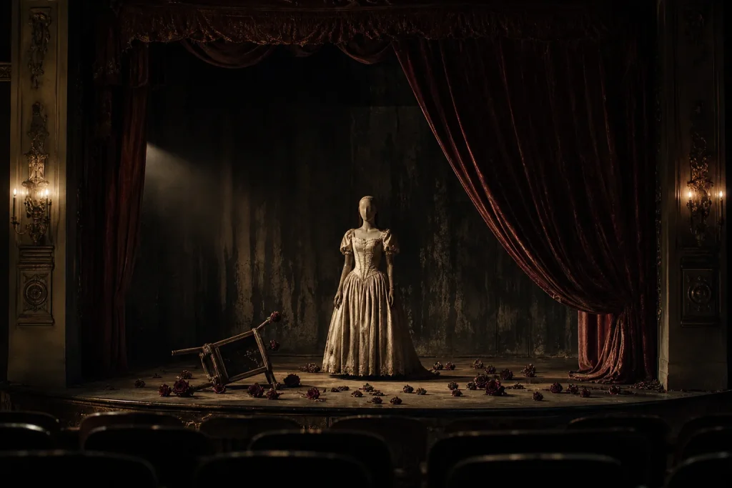 Faceless figure in a Victorian dress on a shadowy theater stage, evoking Wedekind's tragic Lulu plays