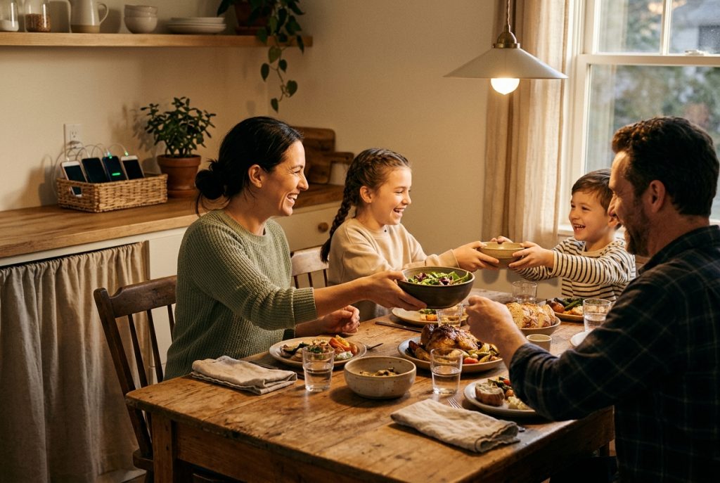 Family sharing a device-free dinner while their phones charge in a basket on the kitchen counter
