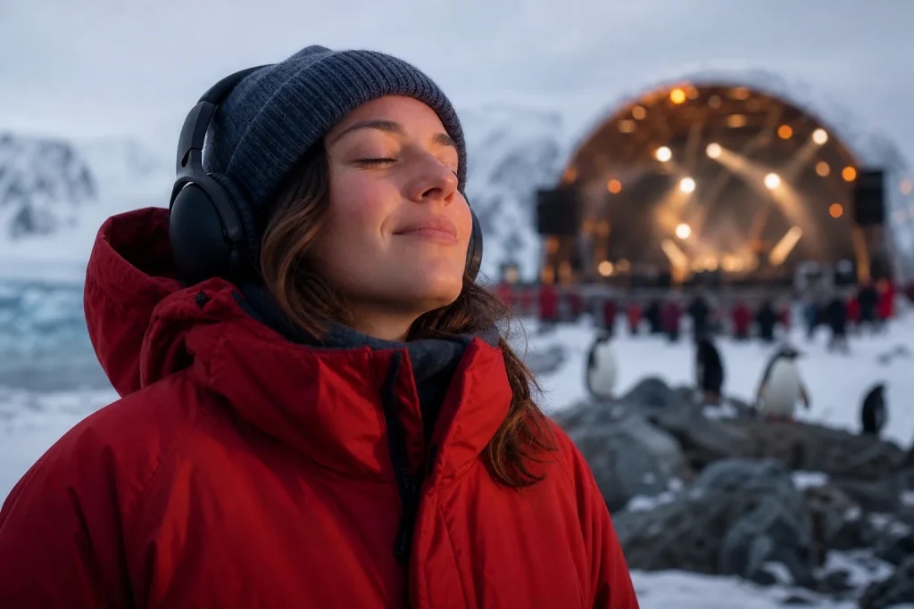 Fan in a red parka listening on headphones in the snow, with penguins and a glowing dome blurred behind