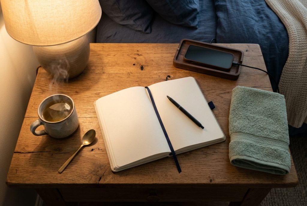 Flat lay of a blank notebook, chamomile tea, folded towel and face-down phone for an evening wind-down routine
