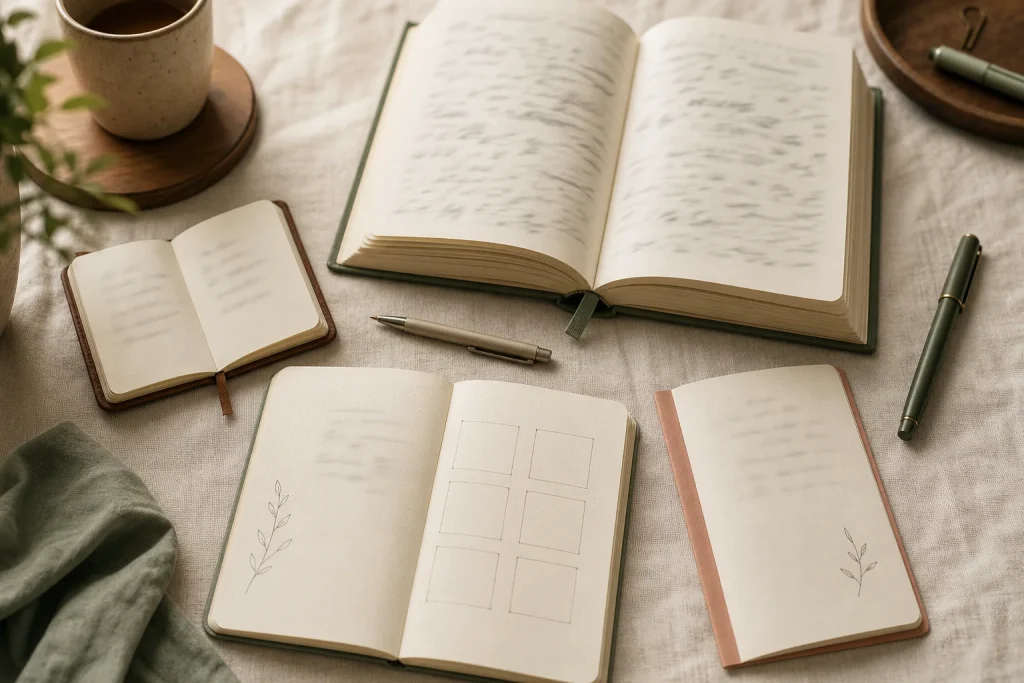 Flat lay of four different open journal styles on linen, from pocket log to dotted grid bullet journal
