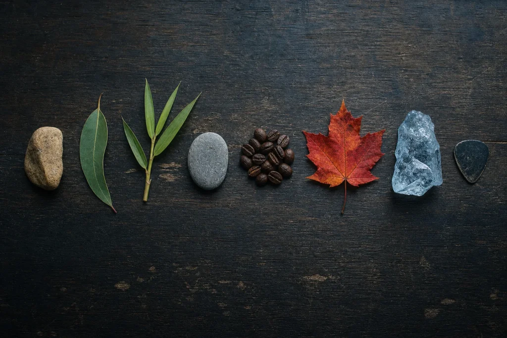 Flat-lay of seven objects representing the continents, ending with glacial ice beside a black guitar pick