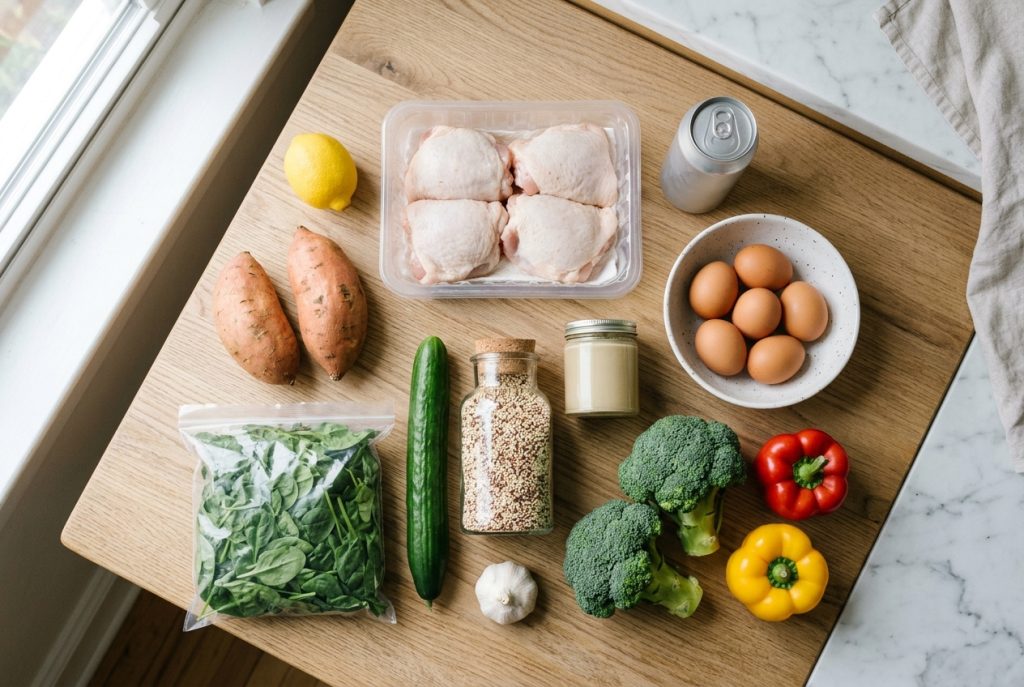 Flat lay of starter meal prep groceries: chicken thighs, chickpeas, eggs, broccoli, peppers, sweet potatoes, spinach and quin