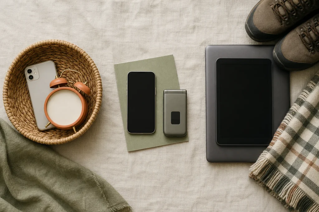 Flat lay of three device setups representing a micro-detox, a social media fast and a screen-free weekend