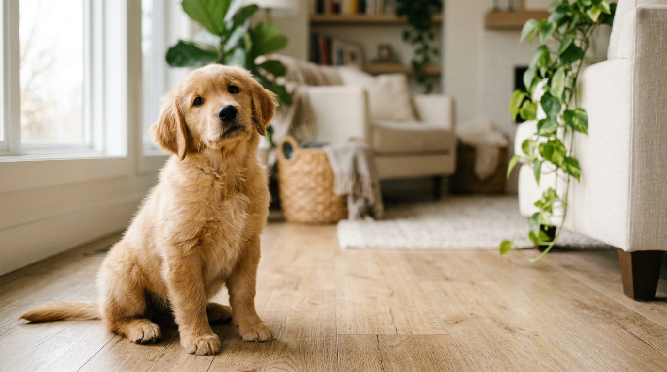 Fluffy golden puppy sitting on a wooden floor in a sunlit living room, looking up curiously