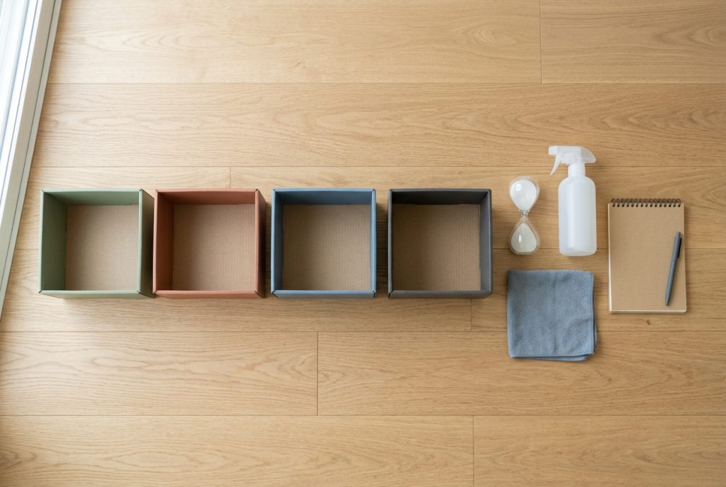 Four colored sorting boxes, kitchen timer, cleaning cloth and notepad laid out before a decluttering session