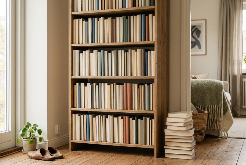 Full wooden bookshelf with a small stack of overflow books on the floor beside it