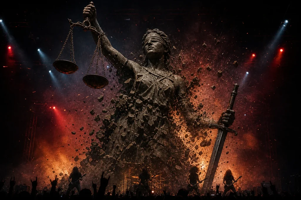 Giant blindfolded justice statue crumbling apart on a smoky concert stage with musicians silhouetted below