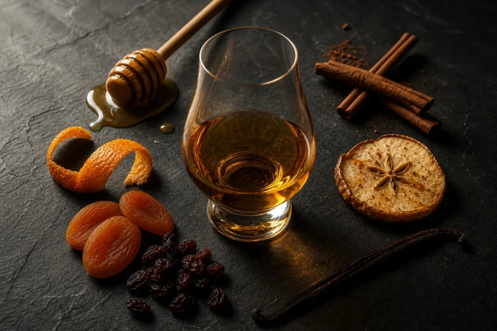 Glass of whiskey surrounded by honey, orange peel, dried fruit, cinnamon and vanilla on dark slate