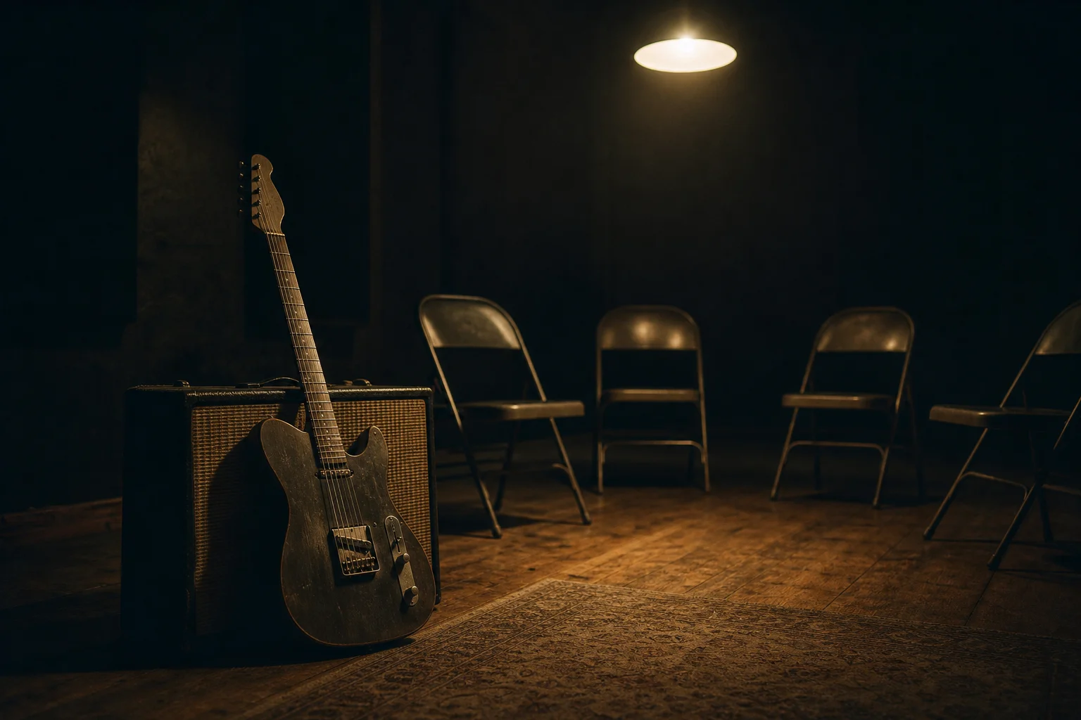 Guitar against an amp in a dark studio with empty chairs, evoking the Some Kind of Monster documentary