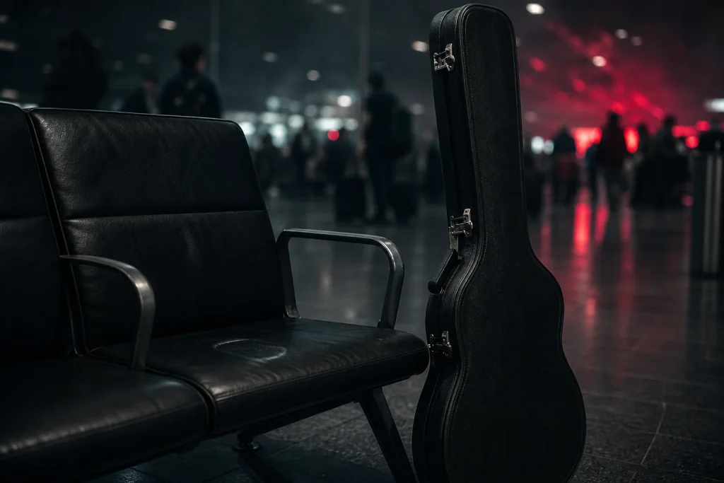 Guitar case beside an empty airport lounge seat, symbolizing Kirk Hammett's lost phone full of riff ideas