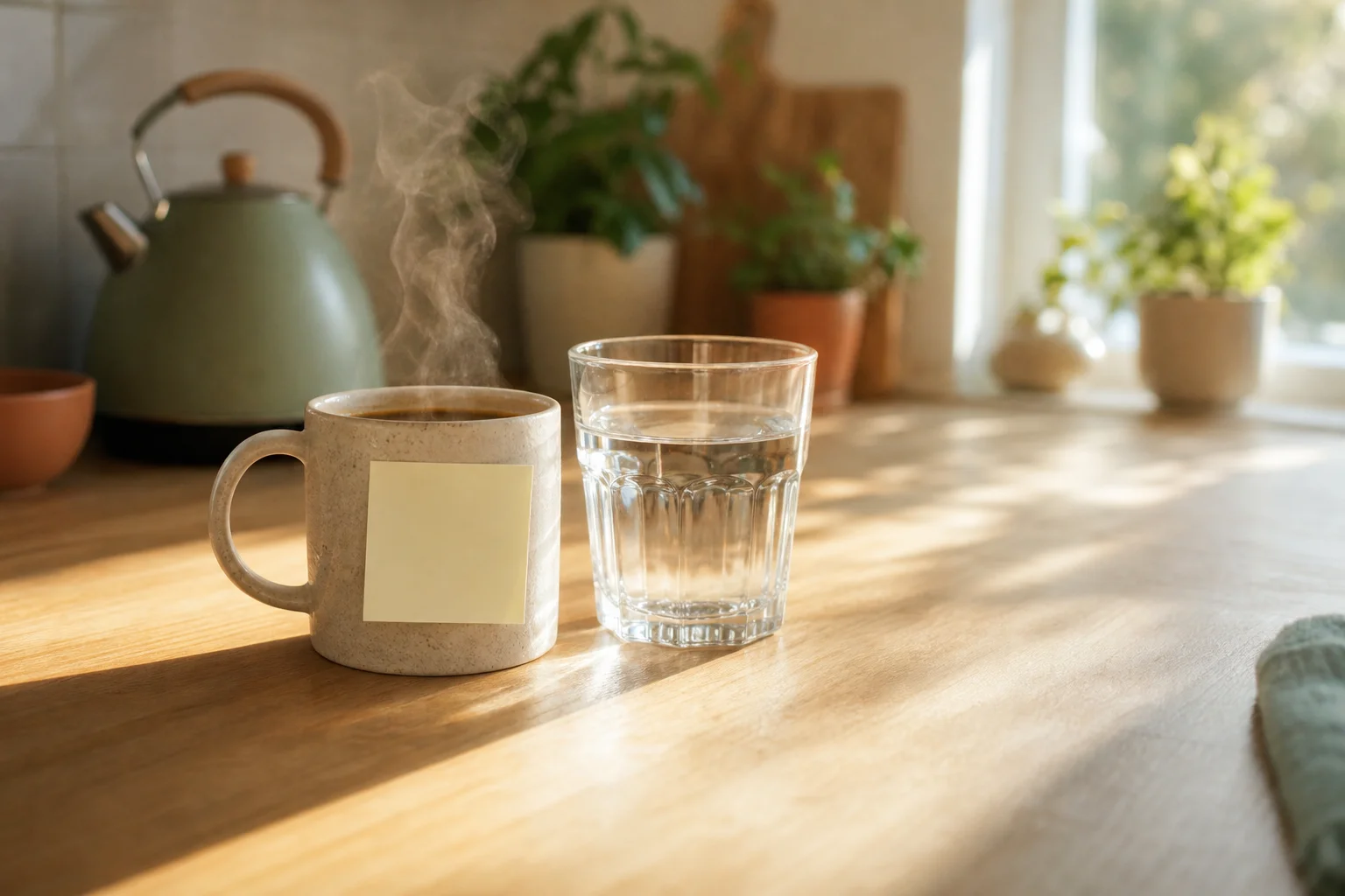 Habit stacking concept: a glass of water placed beside a morning coffee mug on a kitchen counter