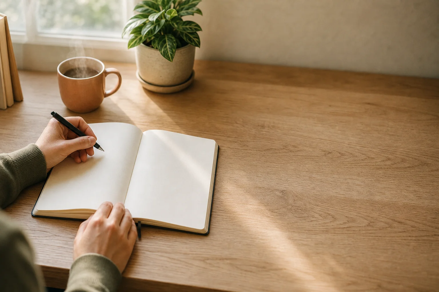 Hands holding a pen over an open blank notebook with coffee, illustrating how to start journaling